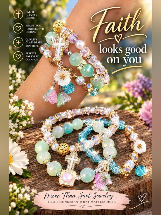 Jewelry - Faith Bracelet Set.  Blue/green/Purple Glass Beads With Cross And Floral Touch
